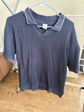 Zara Navy Blue Short-Sleeve Johnny Collar Polo with White Trim